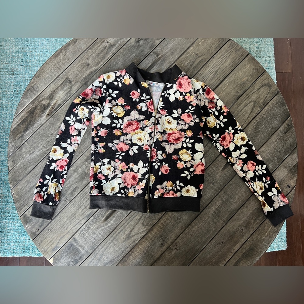 Boho Girlz black floral jacket 10/12 kids light weight fall spring coat